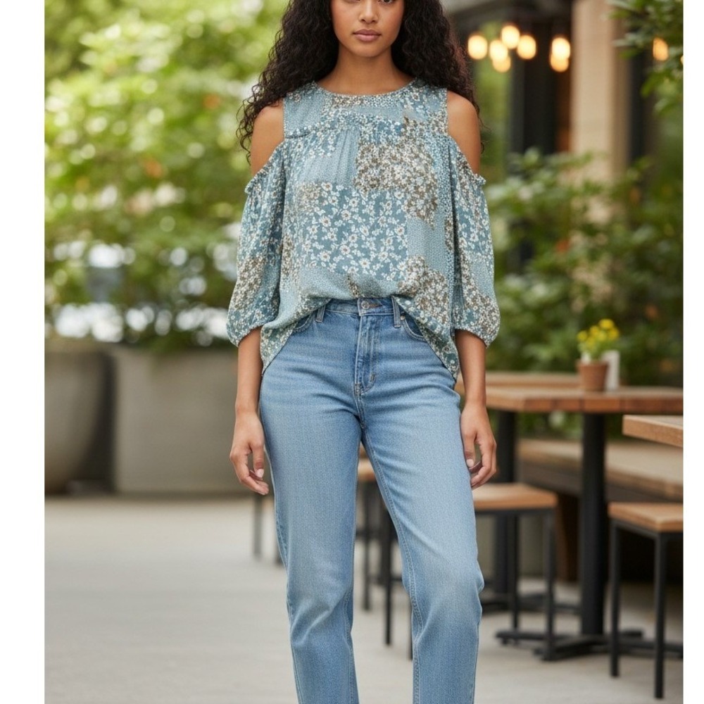 Suzanne Betro Weekend Blue Floral Patchwork Cold Shoulder Blouse Boho Cottage LG